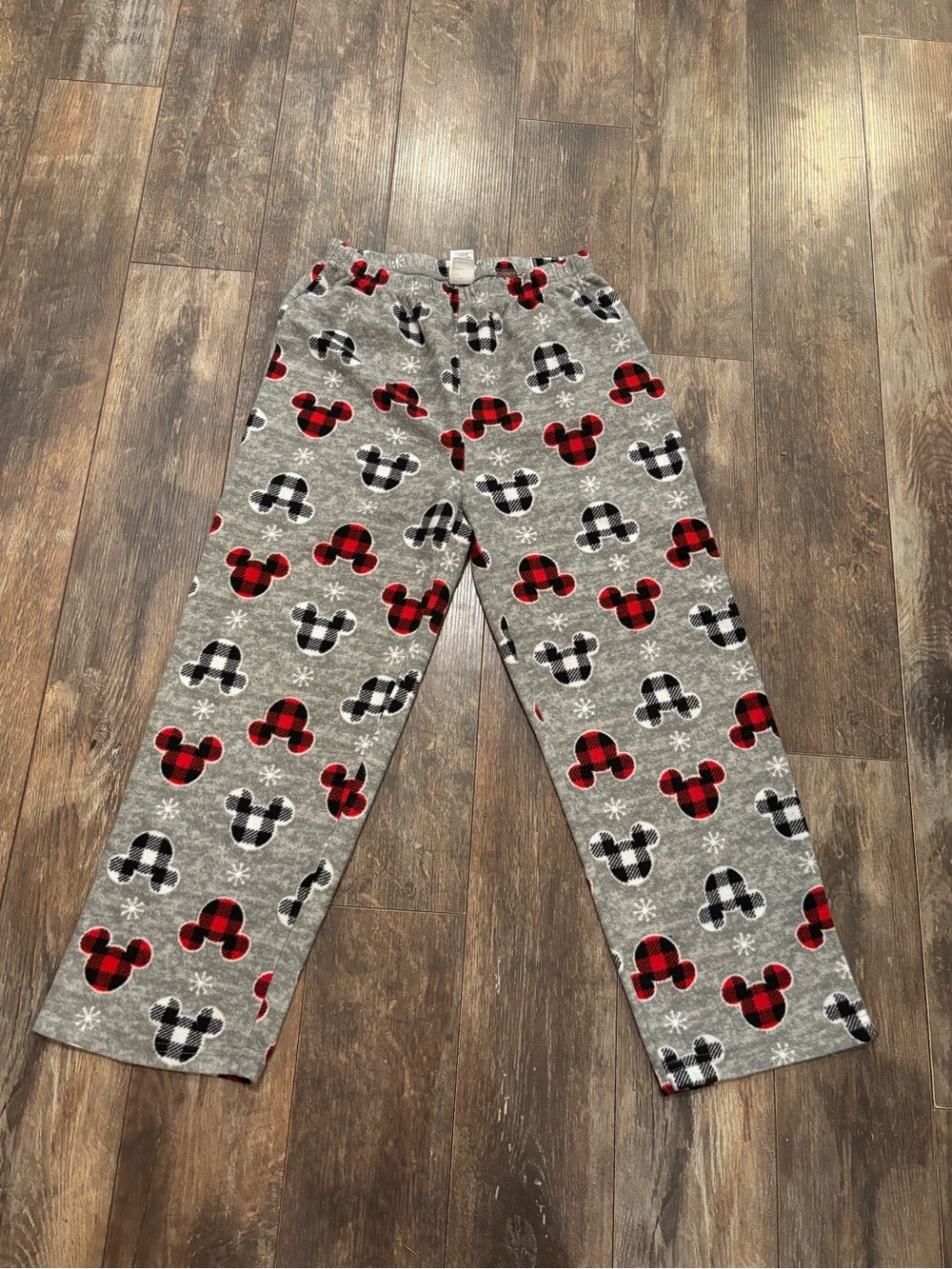Disney Gray Fleece Lounge Pants with Red & Black Plaid Mickey Heads